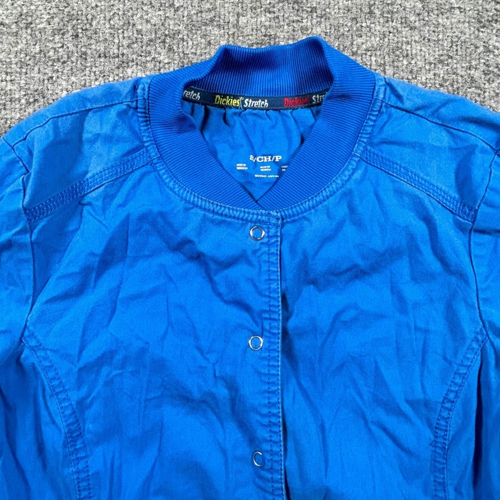 Dickies Scrub Jacket Womens Size S Blue Stretch Snap Front Ribbed Cuffs 85304A